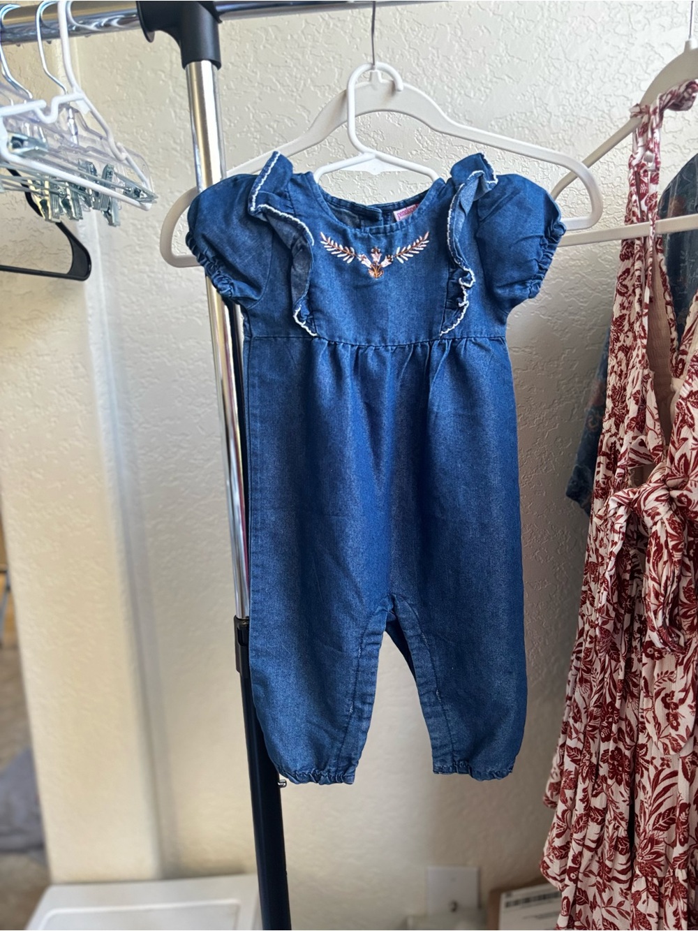 Penelope Mack Blue Denim Romper with Ruffle Shoulders